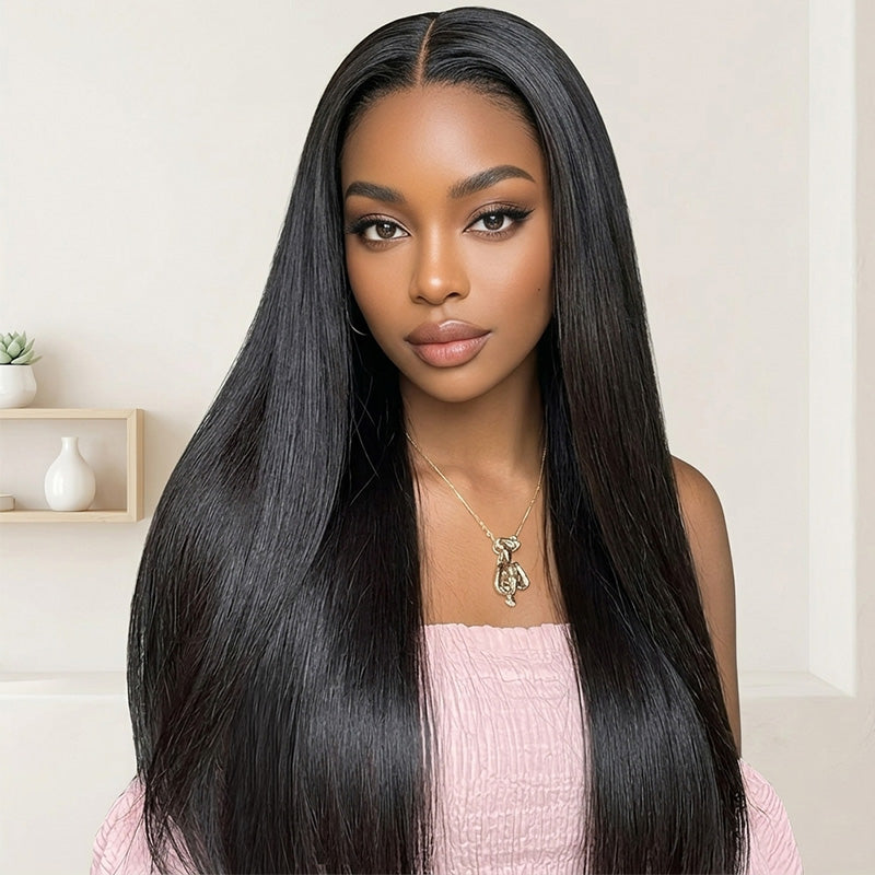 A Black Skin Women Installed Straight Style Hair Wig With Pink Tops