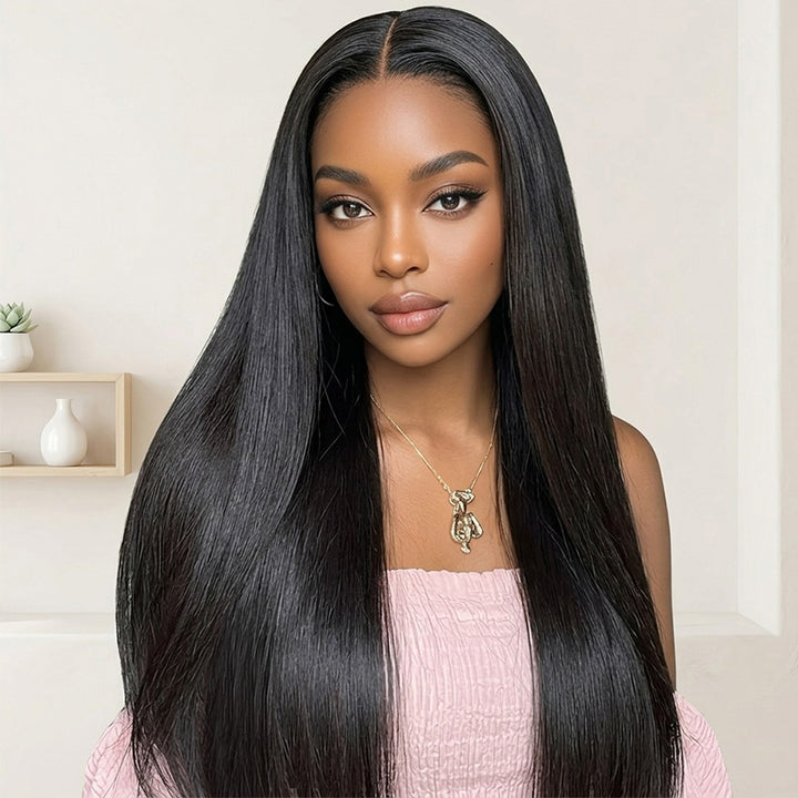 A Black Skin Women Installed Straight Style Hair Wig With Pink Tops