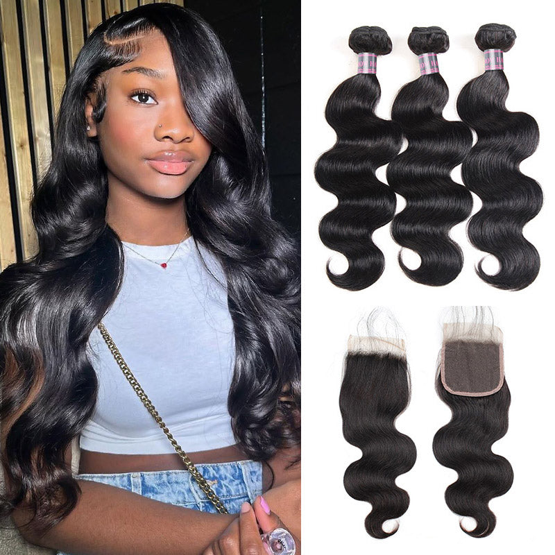 Body Wave Hair Bundles and Closure With Model Wearing Long Black Hair