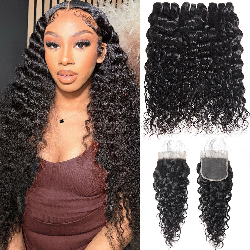 Water wave hair bundles with closure Brazilian hair, featuring 3 bundles of thick, shiny, natural black water wave hair weave and a 4x4 lace closure. Remy human hair, no shedding, no tangling, and the hair can be dyed, permed, or bleached.