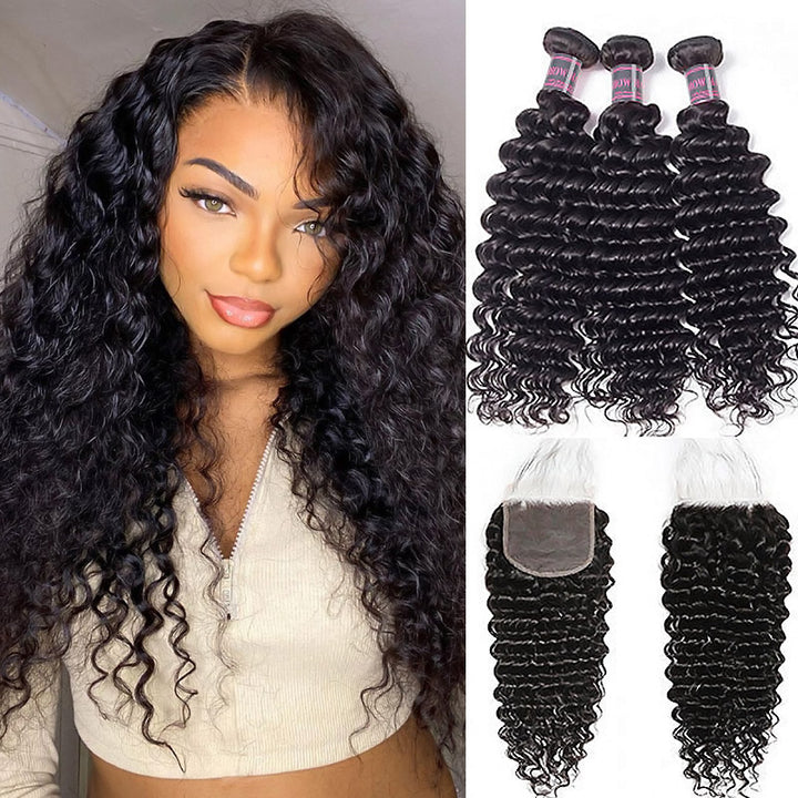 Three bundles of Brazilian deep wave natural black human hair with a 5x5 lace closure from Ishow Hair.