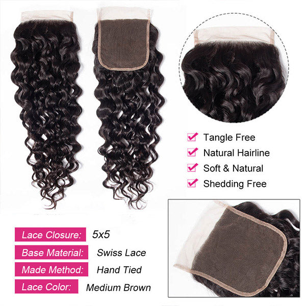 Ishow Hair Water Wave 4 Bundles With 5x5 Lace Closure Pre Plucked Natural Hairline