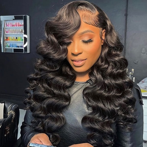 Model With Loose Deep Wave Wig, Showcasing Curls and a Natural, Flawless Look