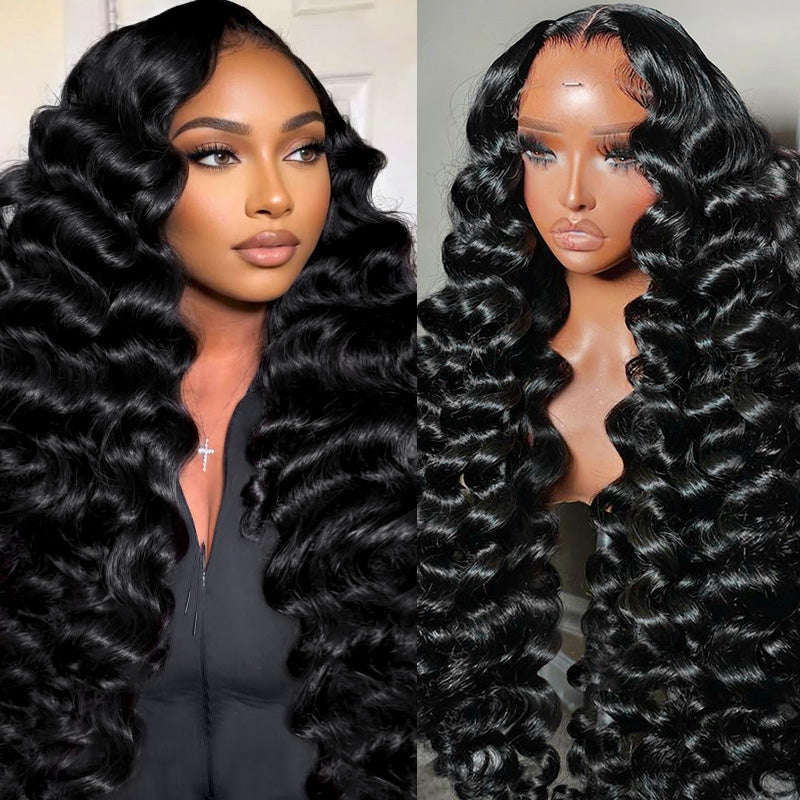 Loose Deep Wave Ready To Wear Wig Shown On A Person And A Mannequin Head.