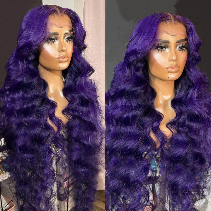 Dark Purple Body Wave Lace Front Wig Displayed On Mannequin Highlighting Its Vibrant Color