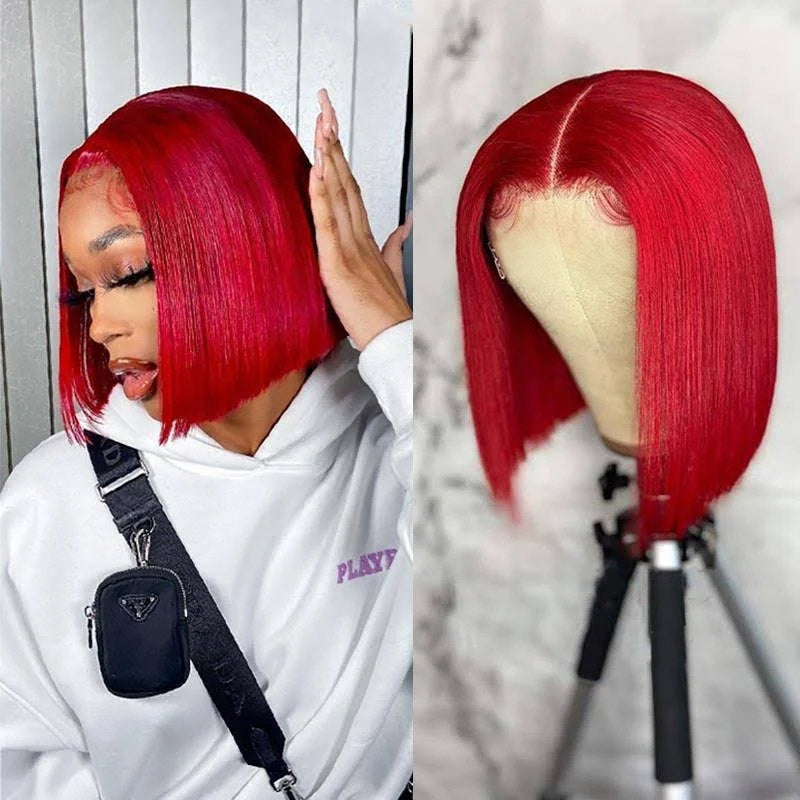 Model Wearing Red Blunt Cut Bob Wig With Natural Hairline