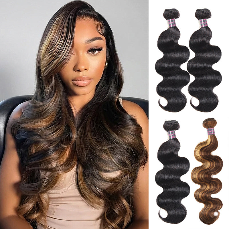 Woman With Body Wave Style Hair Next To Hair Extensions Showing Color And Texture.