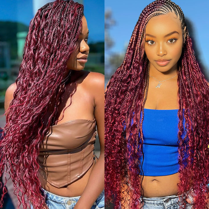 Model Showcasing 99J Burgundy Braided Hairstyle With Deep Wave Hair Extensions