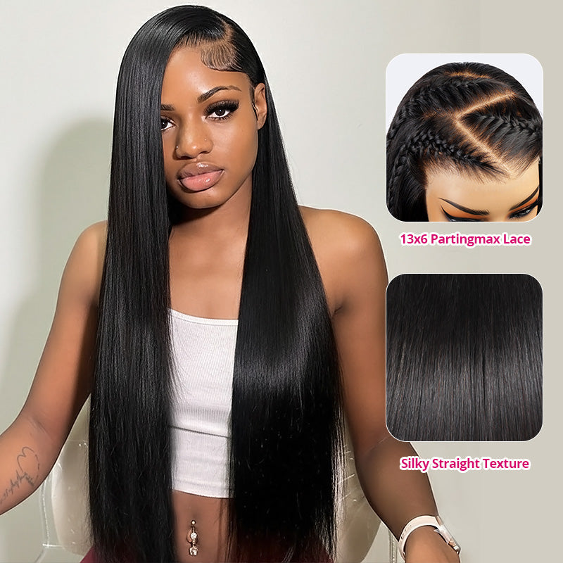 Woman With Long Straight Hair Wig, Featuring Close-Up Details Of Hair Texture And Lace Work.