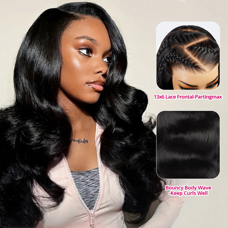 Woman With Body Wave Glueless Wig And Close-Up Of Hair Wave Pattern And Lace Size