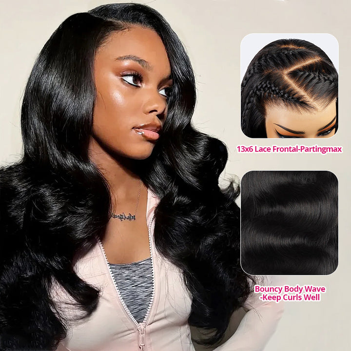 Woman With Body Wave Glueless Wig And Close-Up Of Hair Wave Pattern And Lace Size
