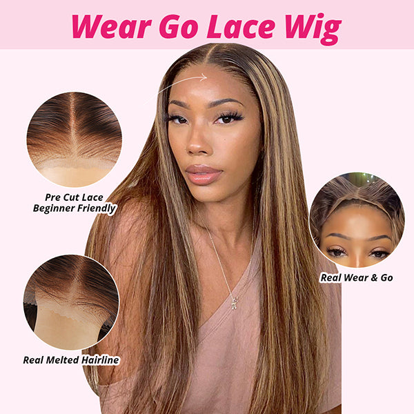 Ishow PPB™ Invisible Knots Highlight Brown Straight Hair Wig Pre Cut Wigs 13x6 Glueless Lace Frontal Wig
