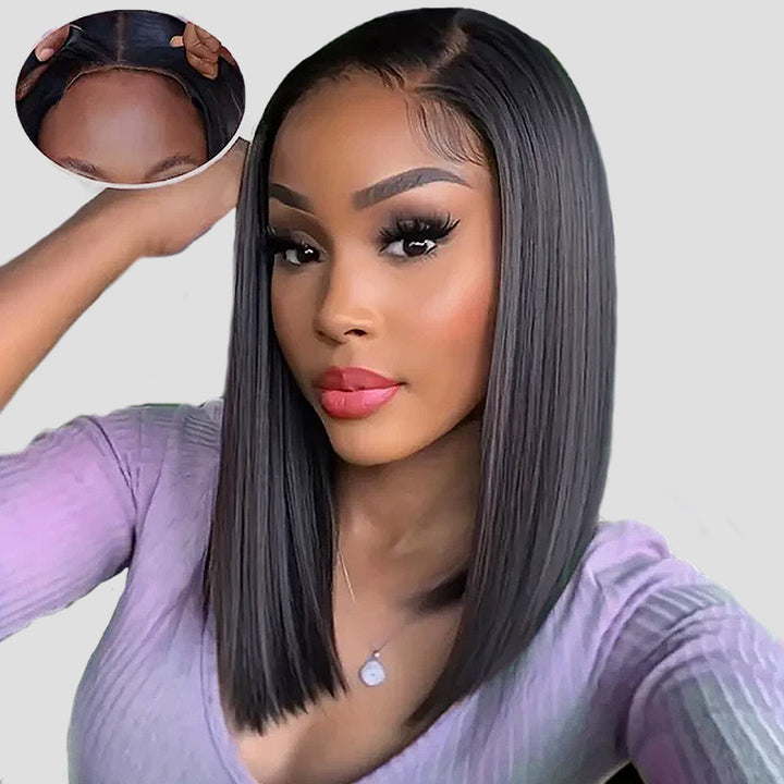 Woman Showcasing Straight Bob Wig With Natural Hairline and Pre-Cut Lace