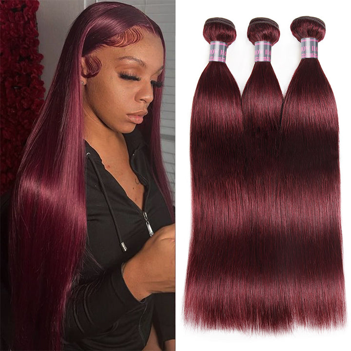 Burgundy Straight Human Hair Bundles Next to a Model With Similar Hair