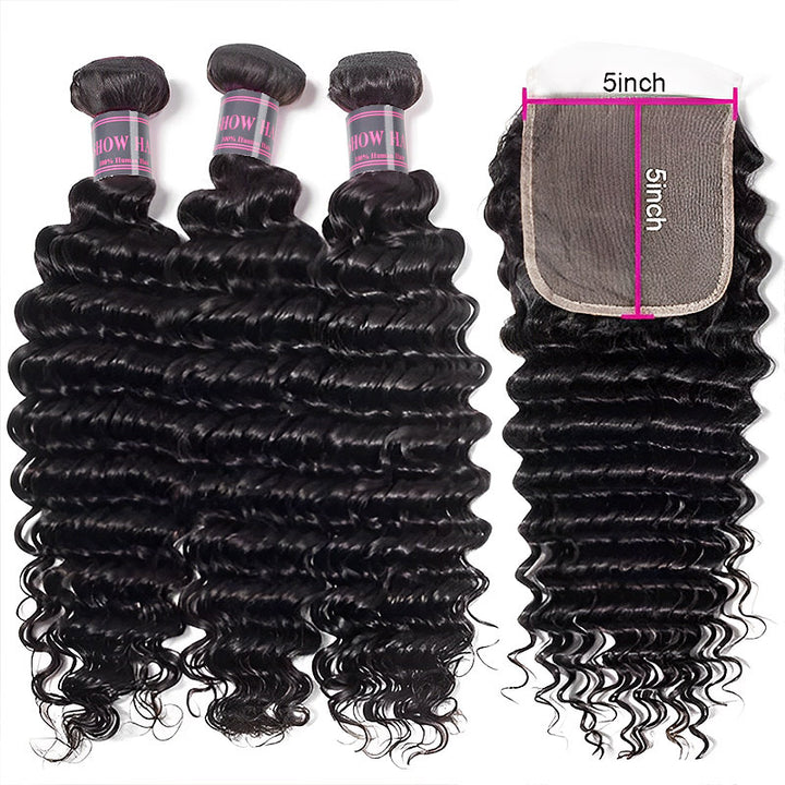 Deep Wave Brazilian Hair Bundles With 5X5 Lace Closure in Natural Black Color