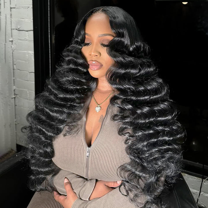 Model wearing 30 Inch 13x6 HD Loose Deep Wave Lace Front Wig in Natural Black Color, showcasing different angles and styles in a modern