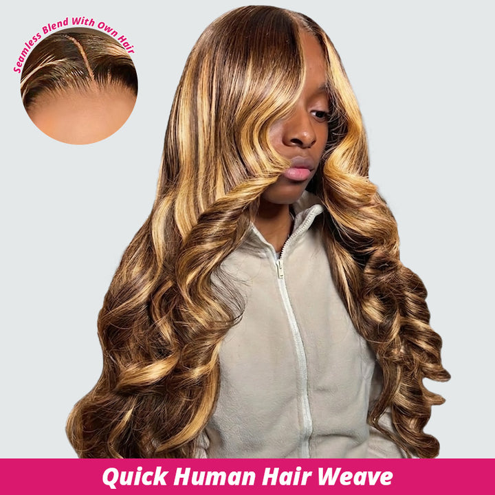 Woman With Long Body Wave Hair, With Inset Showing Blend With Own Hair And Text 'quick Human Hair Weave'.