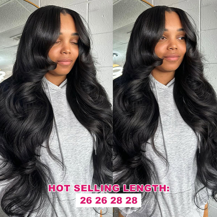 Three views of a woman with natural black body wave hair extensions in light gray and white tops.