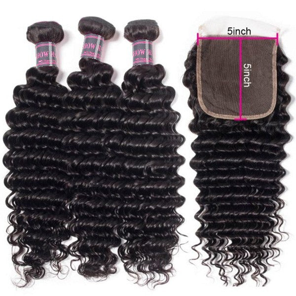 Deep Wave Brazilian Hair Bundles With 5X5 Lace Closure in Natural Black Color