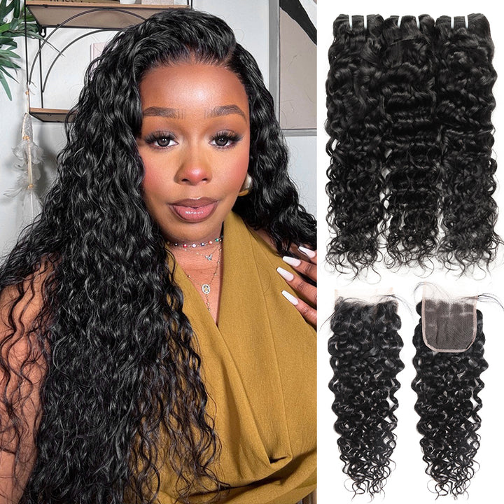 Wavy Jet Black Hair Bundles With a Lace Closure, Showcased By a Smiling Woman
