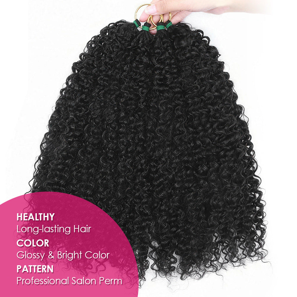 Curly Hair Extensions On Gold Hooks With A Pink Label On A White Background.
