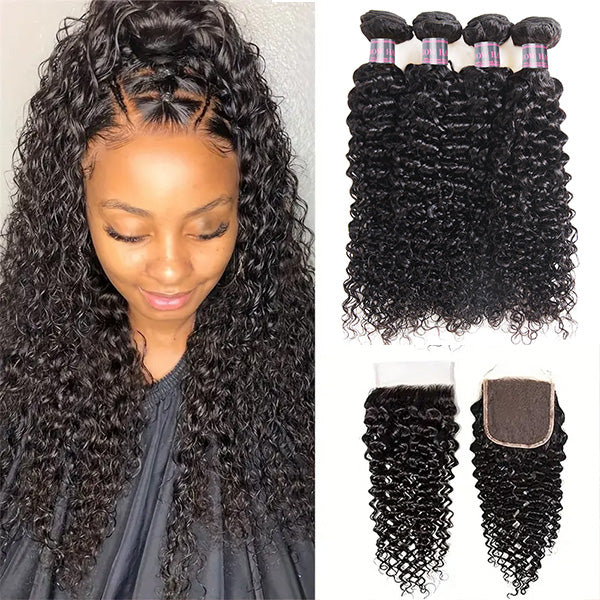 Ishow Hair Jerry Curly 4 Hair Bundles With 5x5 Lace Closure Peruvian Hair