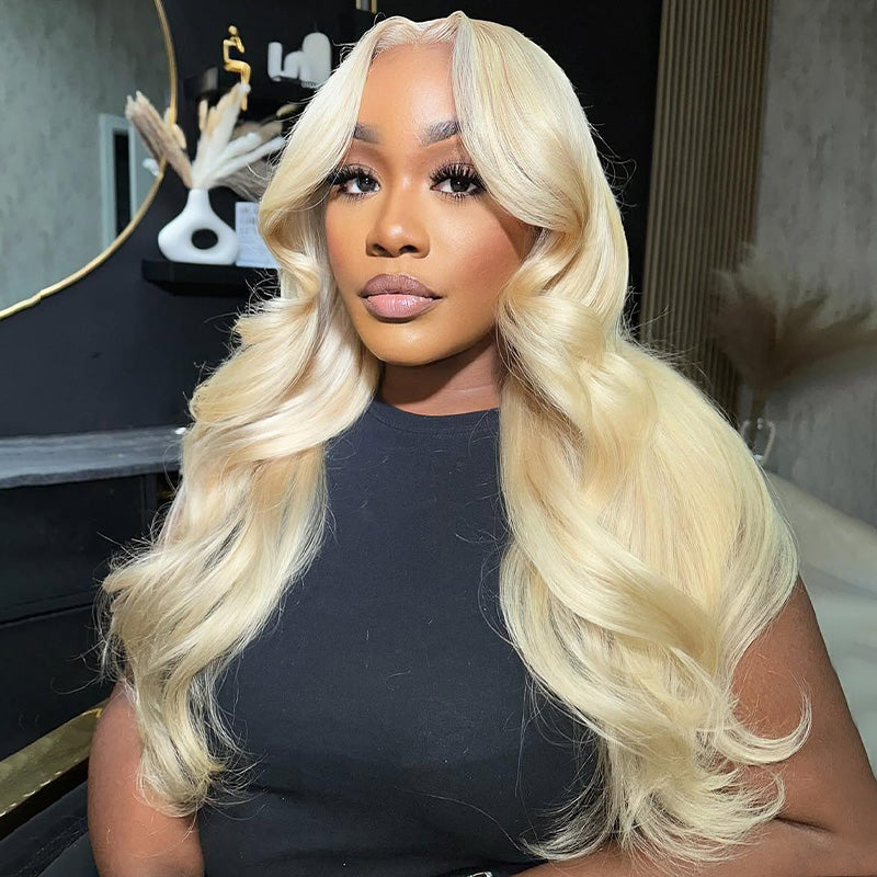 Women Modeling 613 Blonde Hair Wigs With Body Wave Texture