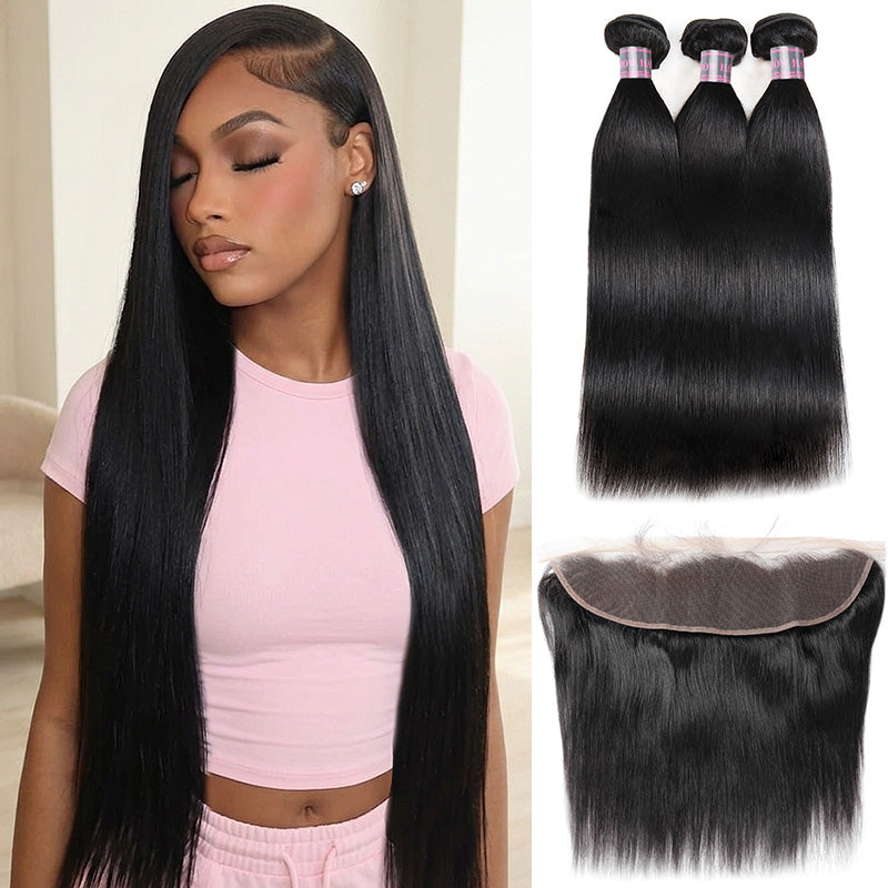 Woman With Long Black Straight Hair And Hair Extensions On A White Background