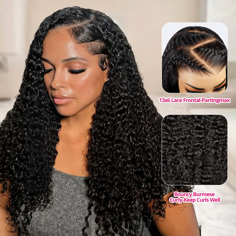 Woman With Burmese Curly Lace Front Wigs, Close-Up Of Hair Texture, And Product Details On A White Background