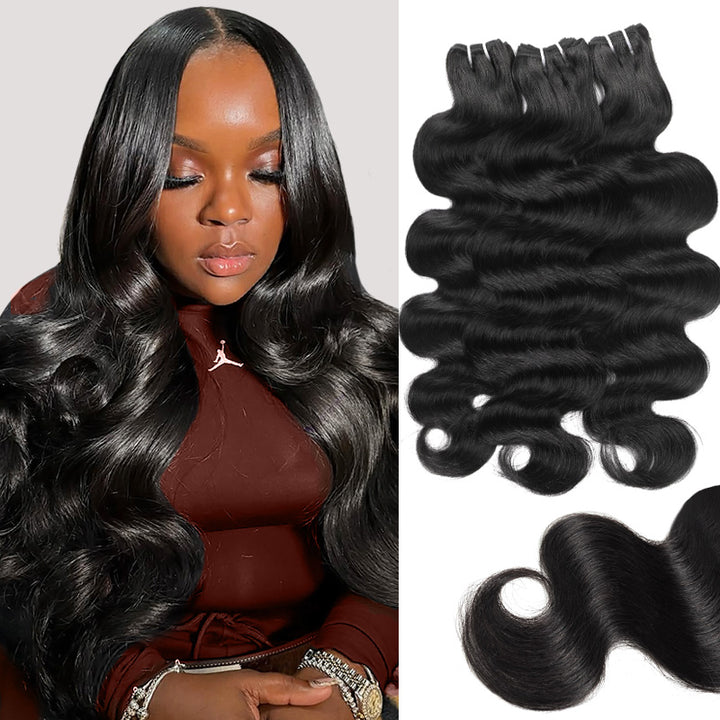Woman With High 12a Grade Human Hair Bundles On A White Background