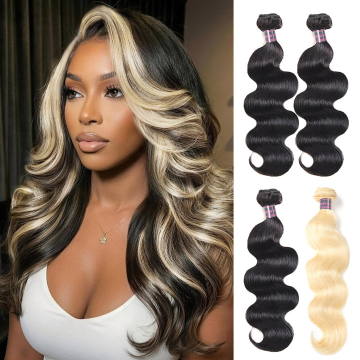 Woman With Body Wave Hair Next To Human Hair Extensions In Black And 613 Blonde