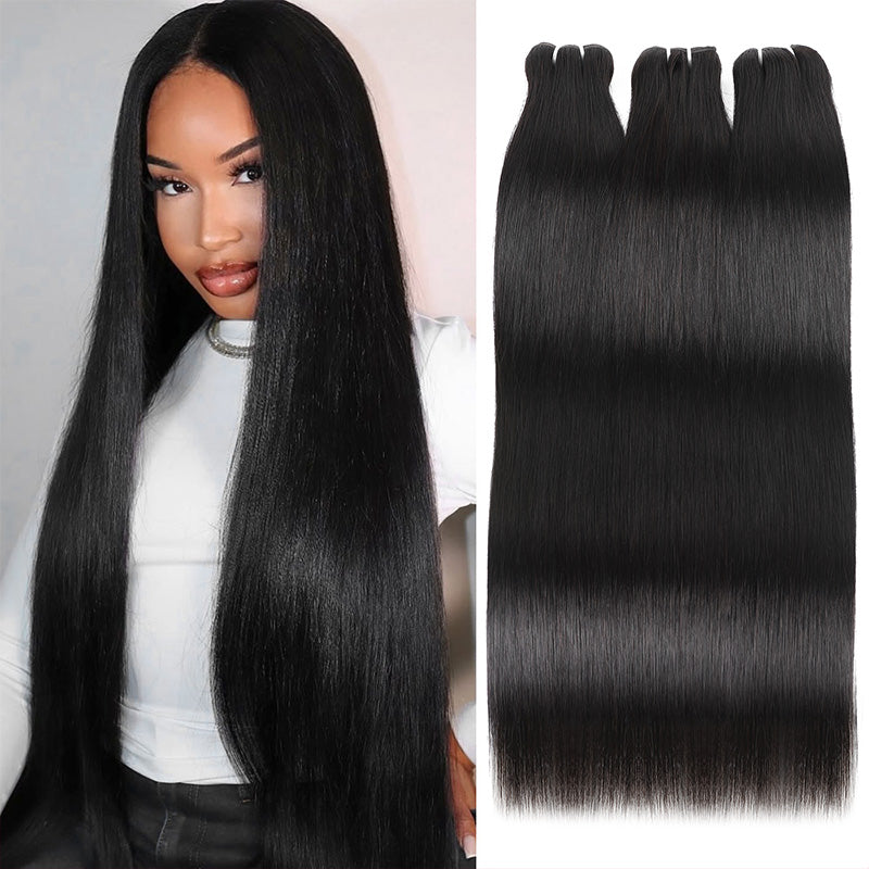 Woman With High 12a Grade Human Hair Straight Bundles On A White Background