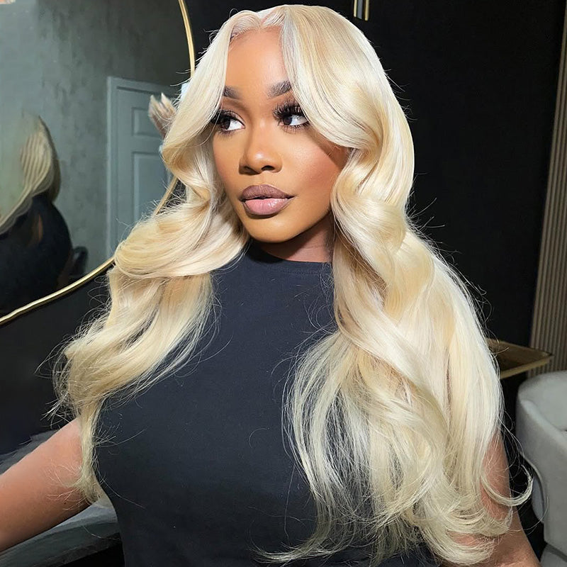 Women Modeling 613 Blonde Hair Wigs With Body Wave Texture