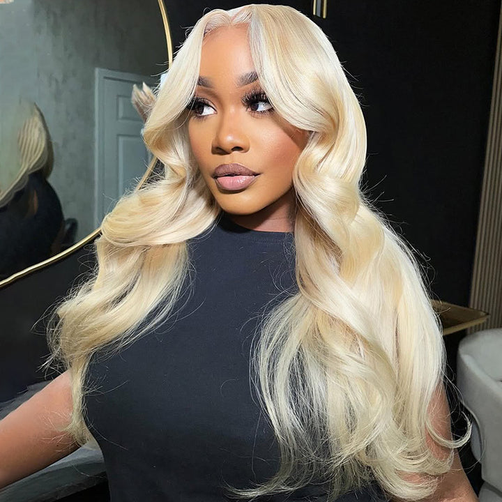 Women Modeling 613 Blonde Hair Wigs With Body Wave Texture
