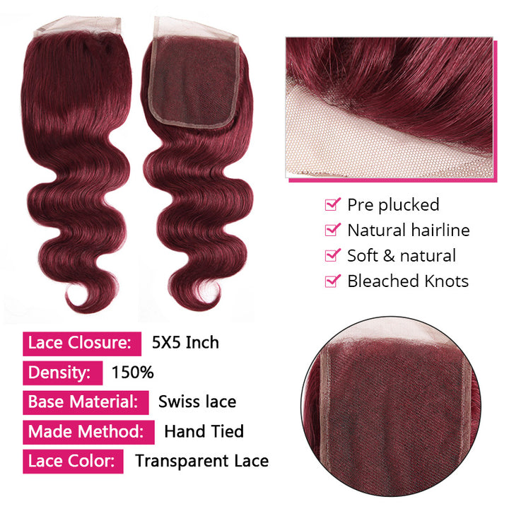 The Complete 99J Burgundy Dream! Get this stunning 3-Bundle set with a 5x5 lace closure for the ultimate, ready-to-install luxurious look.
