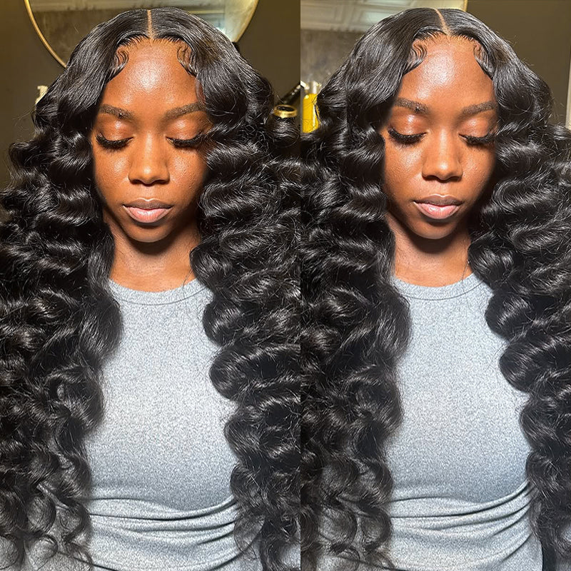 Model wearing 30 Inch 13x6 HD Loose Deep Wave Lace Front Wig in Natural Black Color, showcasing different angles and styles in a modern