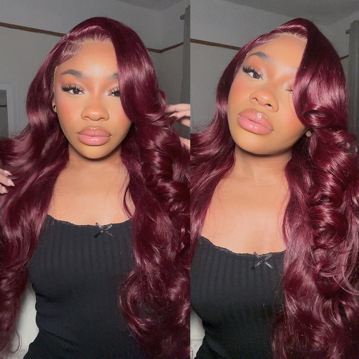 Burgundy Body Wave Human Hair Bundles Next to a Model With Similar Hair