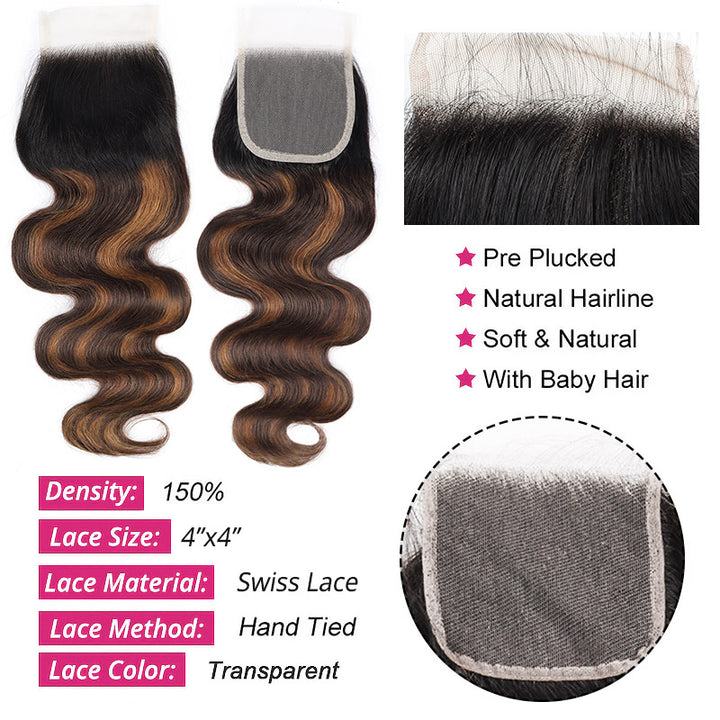 4X4 Inch Lace Closure With T1B 4/30 Balayage Highlights and Body Wave Texture