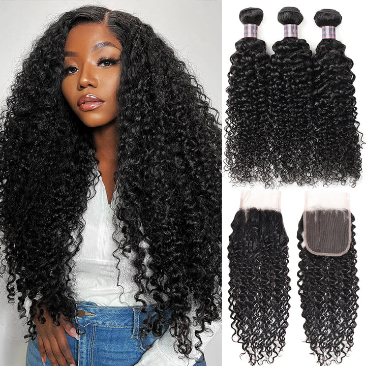 Wavy Jet Black Hair Bundles With a Lace Closure, Showcased By a Smiling Woman
