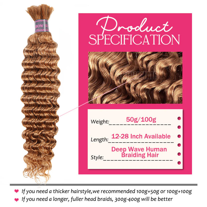 Ishow Light Brown Deep Wave Bulk Hair Extensions Highlighting Healthy Ends and Texture