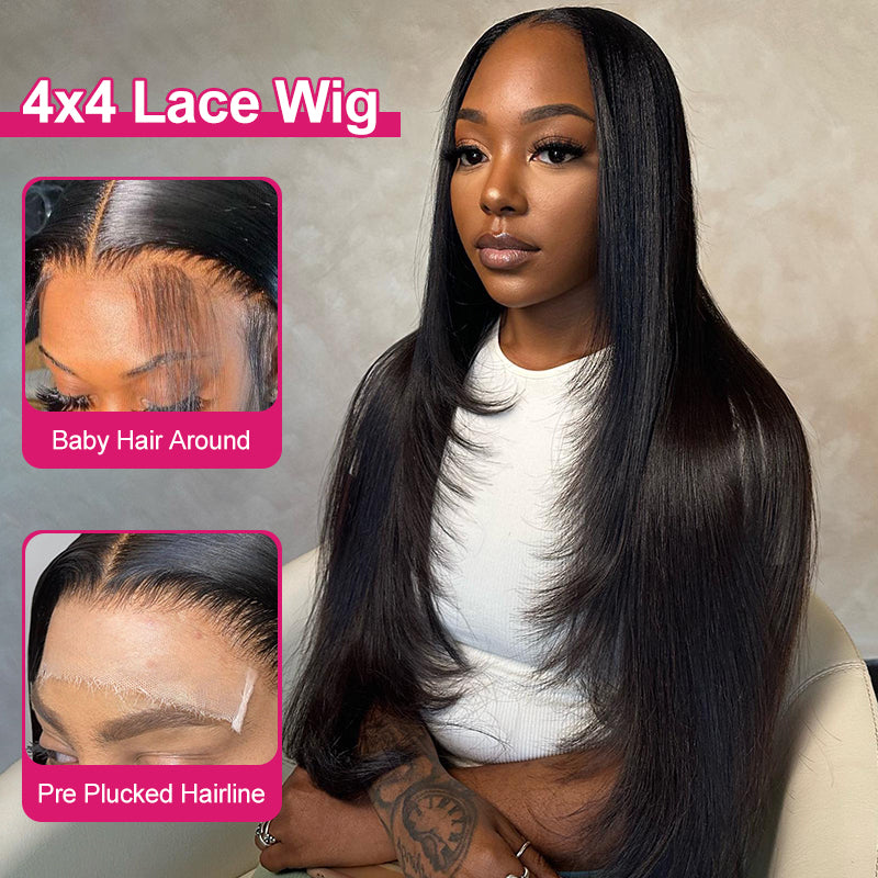 Woman Showcasing Sleek Long Straight Human Hair Wig