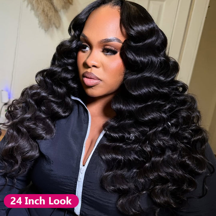 Woman With Voluminous Loose Deep Wave13x6 Wig, Wearing A Dark Jacket.