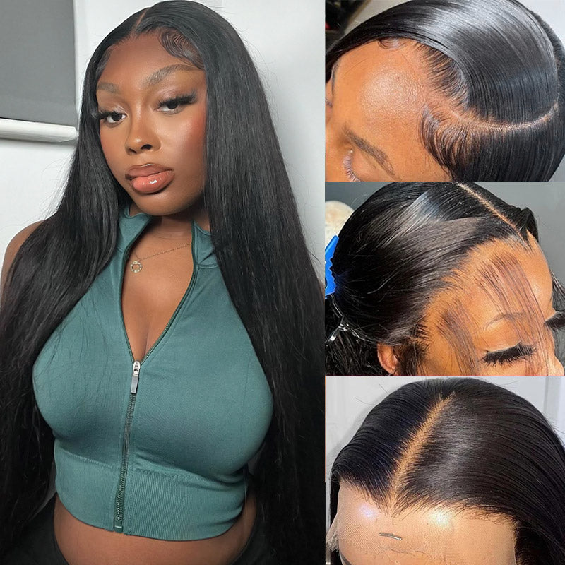 Model Showing Luxurious Silky Straight Black Wig With Natural Hairline Details