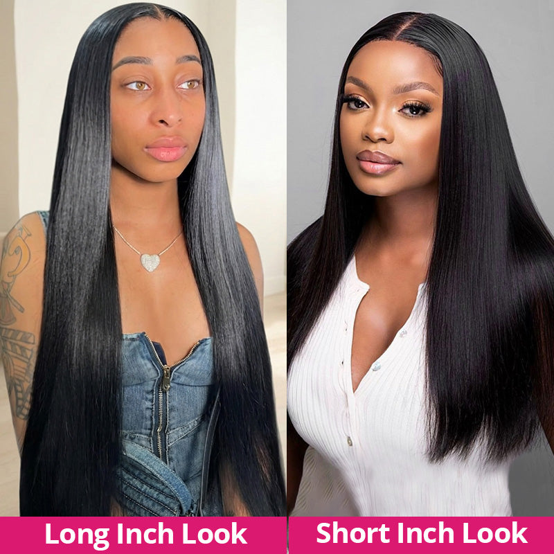 Two Women With Straight Hair Styled Differently, One Labeled 'long Inch Look' And The Other 'short Inch Look'.