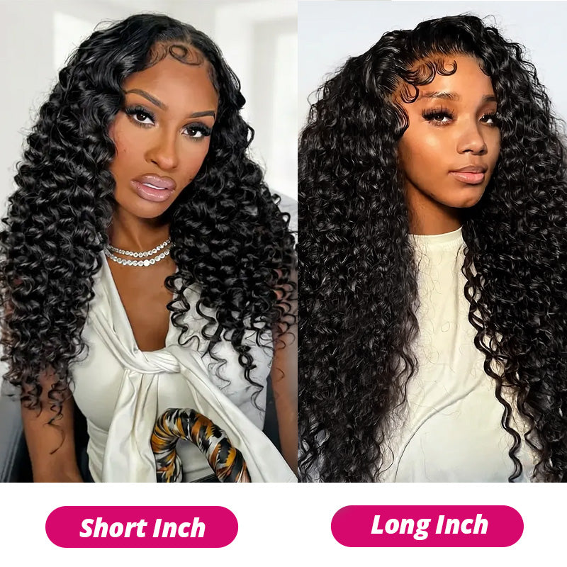 Two Women With 13x6 Lace Frontal Wig Labeled 'short Inch' And 'long Inch' On A White Background.