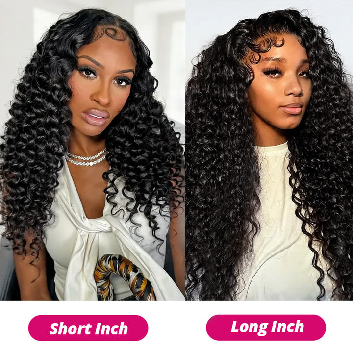 Two Women With 13x6 Lace Frontal Wig Labeled 'short Inch' And 'long Inch' On A White Background.
