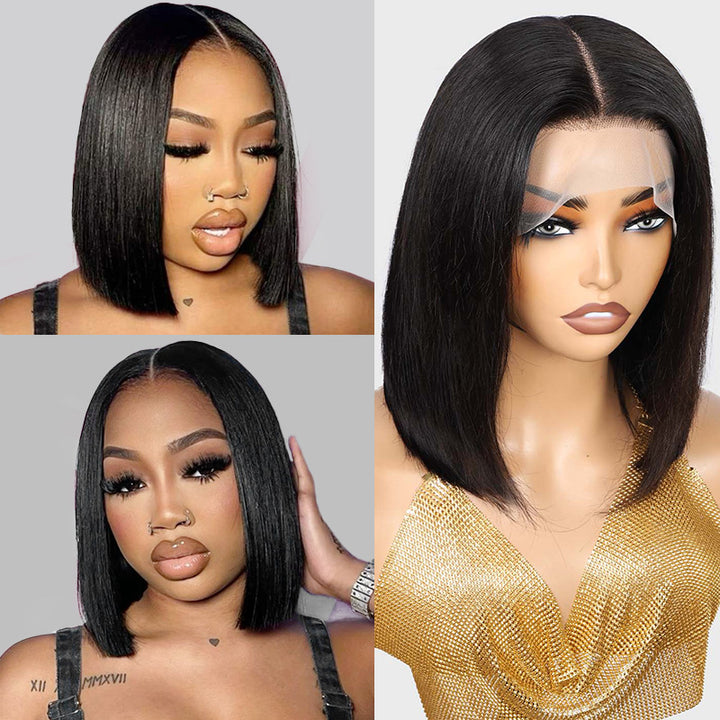 Model With Straight Bob Wig Alongside a Mannequin Displaying Sleek Natural Black Wig