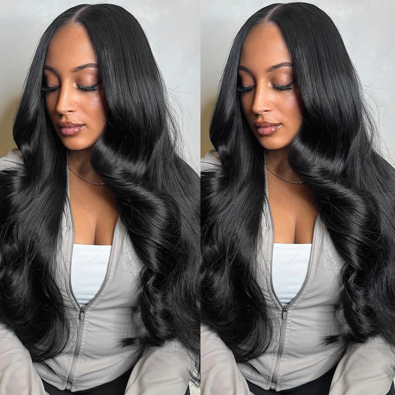 Side-By-Side Comparison Of A Woman With Body Wave 13x6 Lace Frontal Wig Wearing A Gray Jacket.