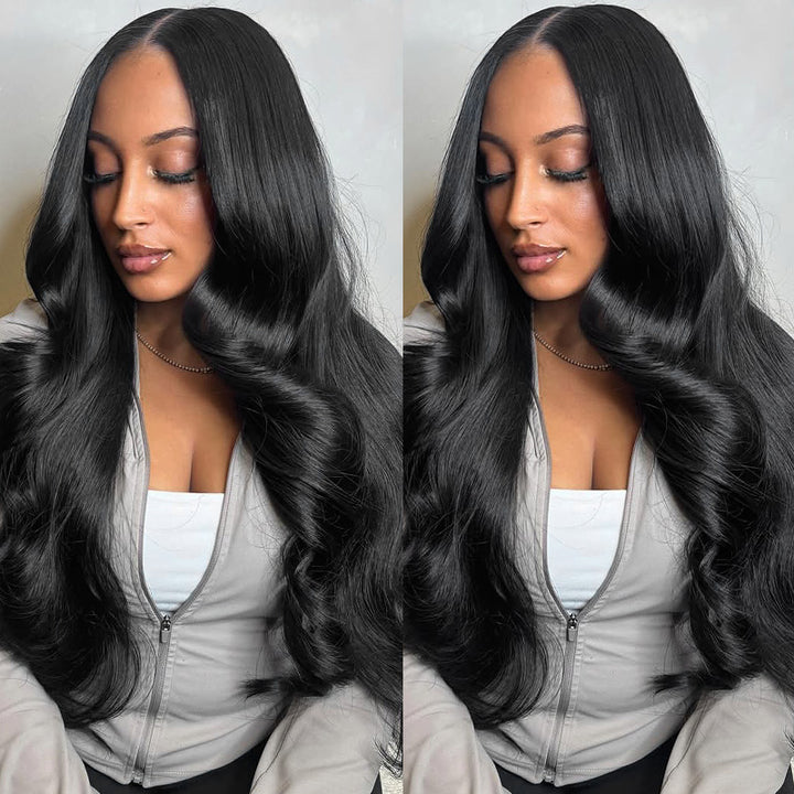 Side-By-Side Comparison Of A Woman With Body Wave 13x6 Lace Frontal Wig Wearing A Gray Jacket.