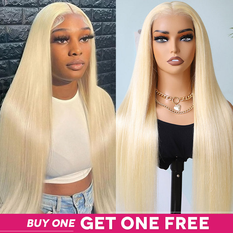 613 Blonde HD Lace Frontal Wig Displayed and Worn By a Woman With Promotional Text